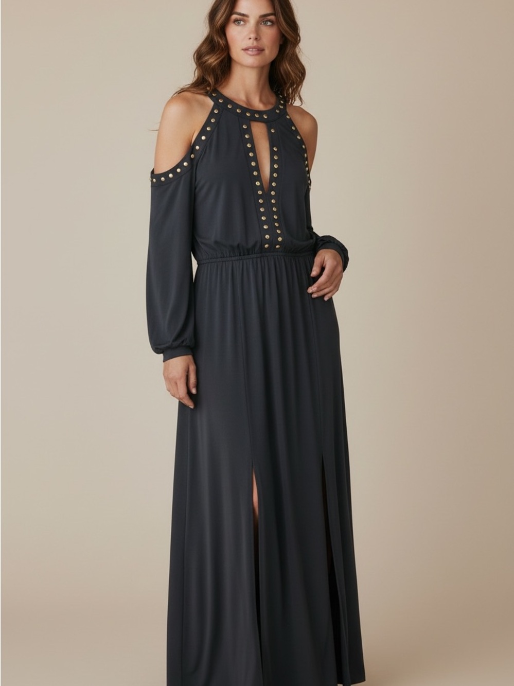 Cold-Shoulder Maxi Dress with Gold Stud Detail - Black